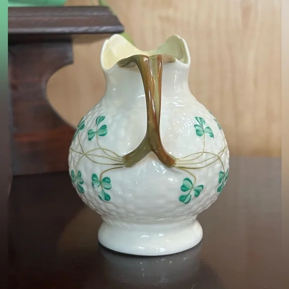 Vintage Belleek Shamrock creamer & sugar bowl set signed hand painted 4" & 3.5"
